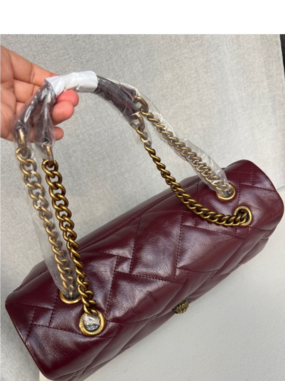 KURT GEIGER Kensington XXL Patent Crinkle Leather eagle shoulder bag BURGUNDY - Picture 10 of 16